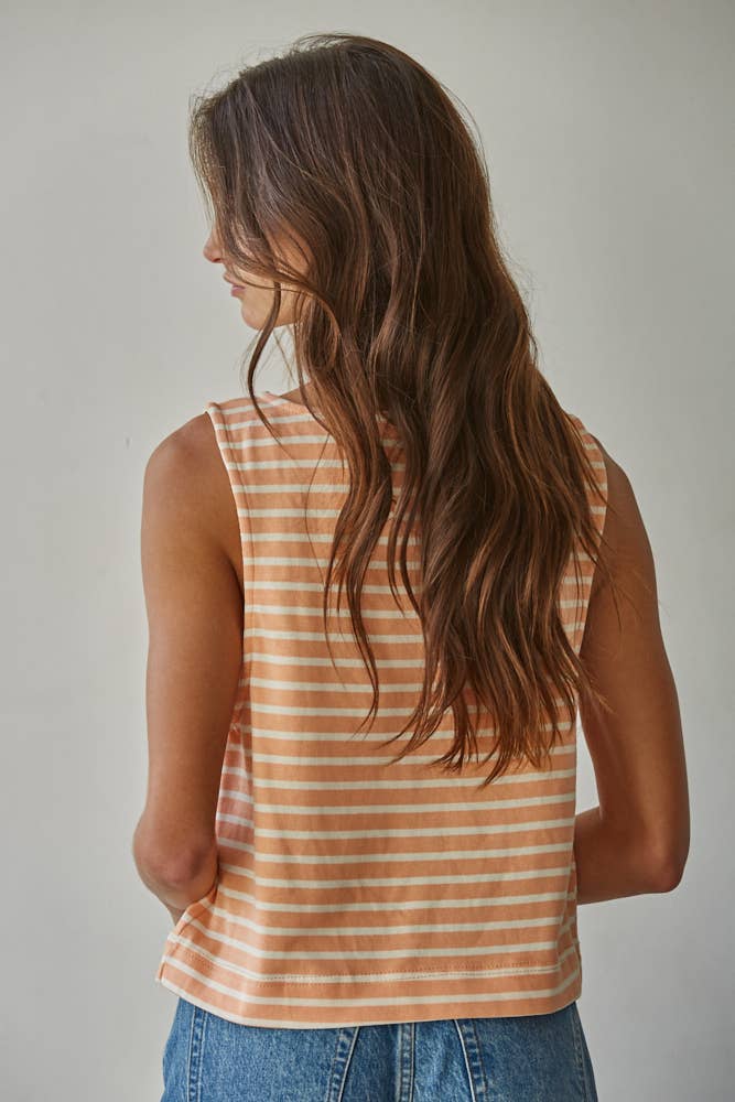 L9620 | Knit Cotton Striped Round Neck Sleeveless Top