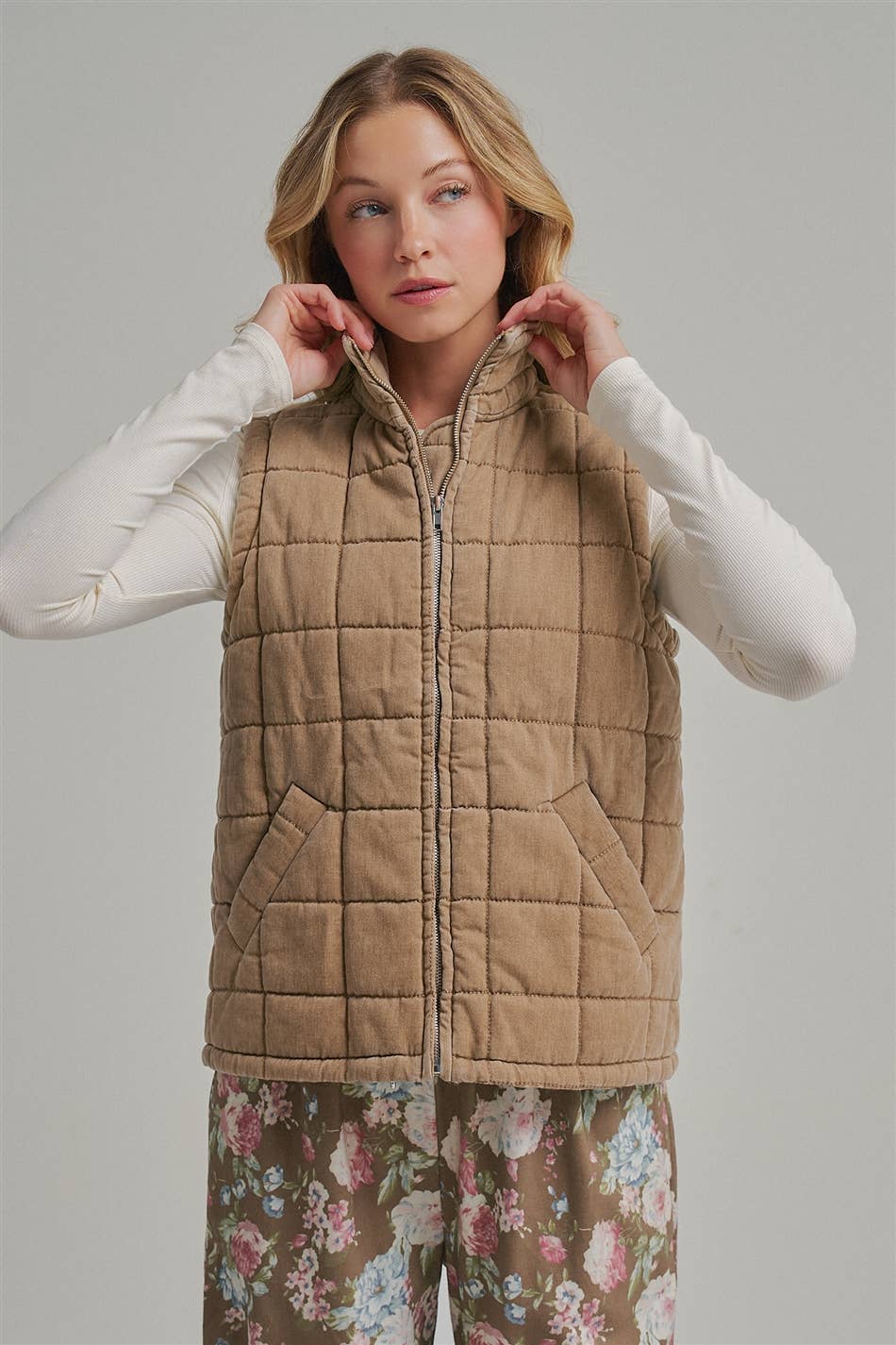 VINTAGE WASHED QUILTED PUFFER VEST STAND COLLAR_JLT00330-01