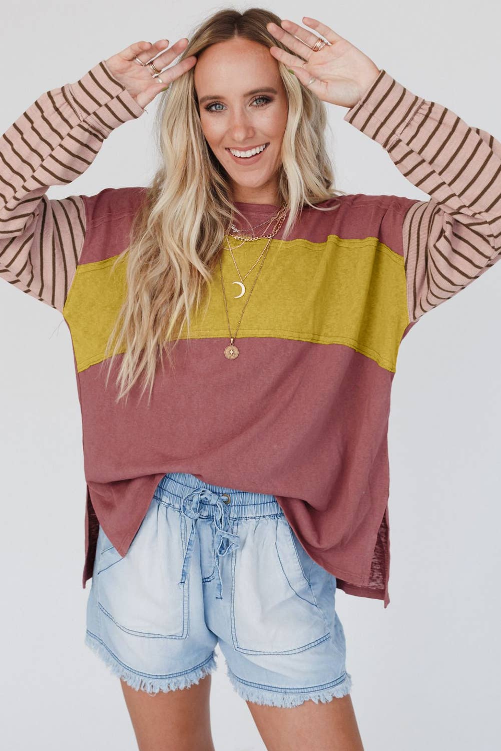 Multicolor Clashing Stripe Bishop Sleeve Top