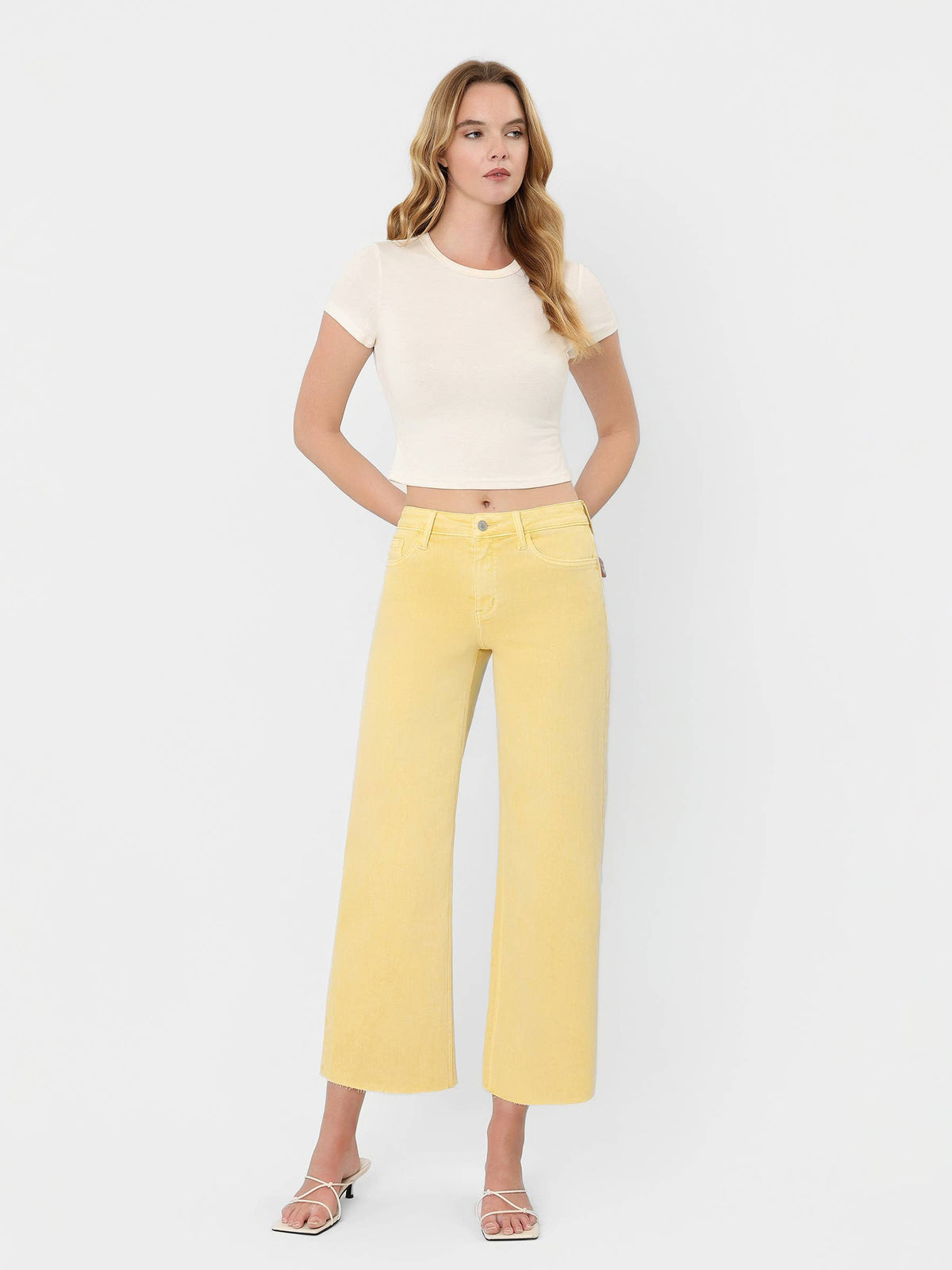 HIGH RISE BABY YELLOW COLOR CROP WIDE LEG JEANS T5894BYL