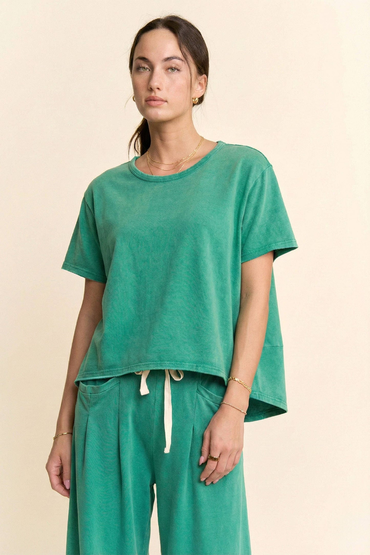 Garment-Wash Pleated Top & Pants Set