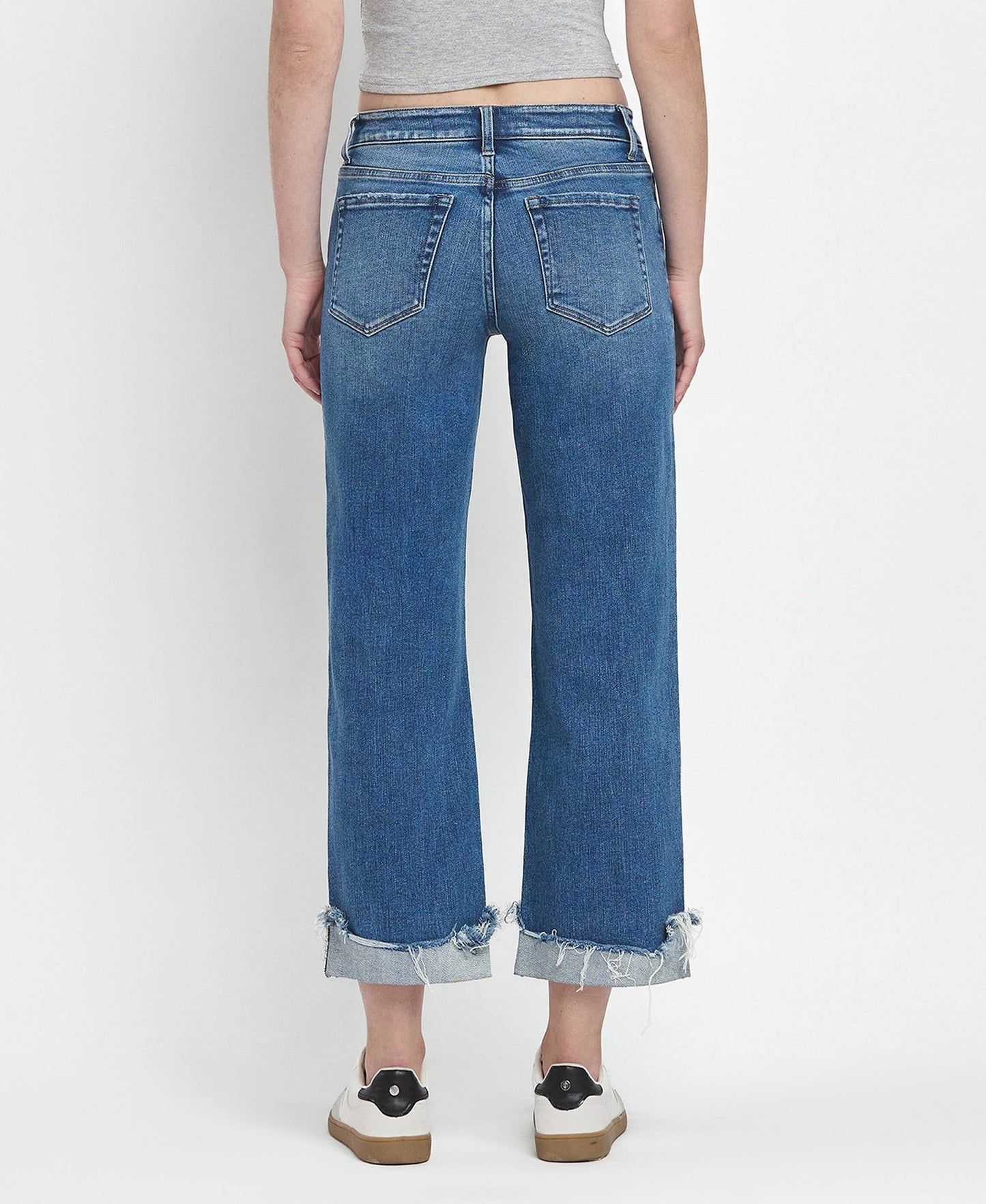 MID RISE RAW CUFFED HEM SLIM WIDE JEANS F5861