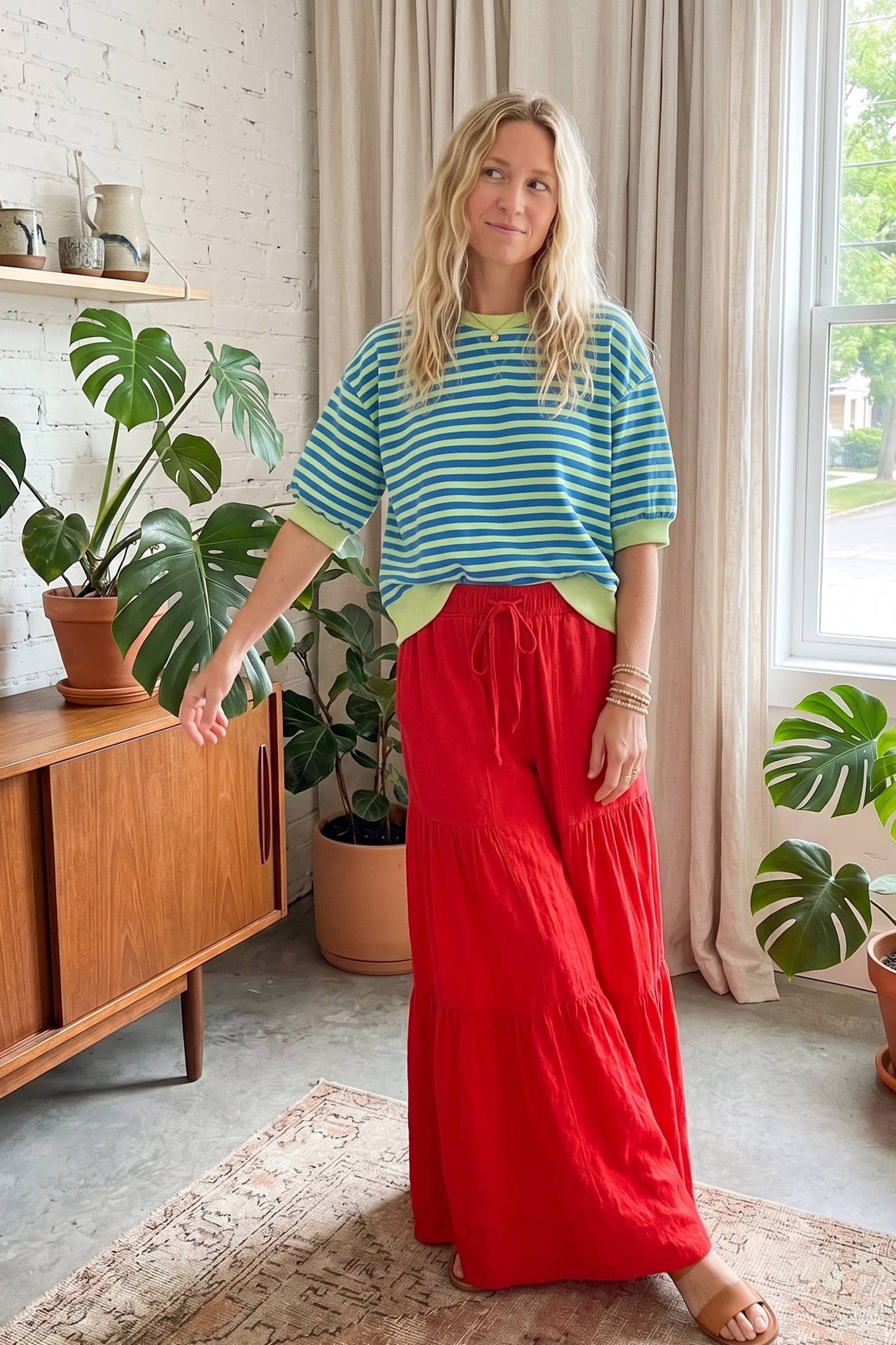 Linen Blend Tiered Wide Leg Palazzo Full Length Pants