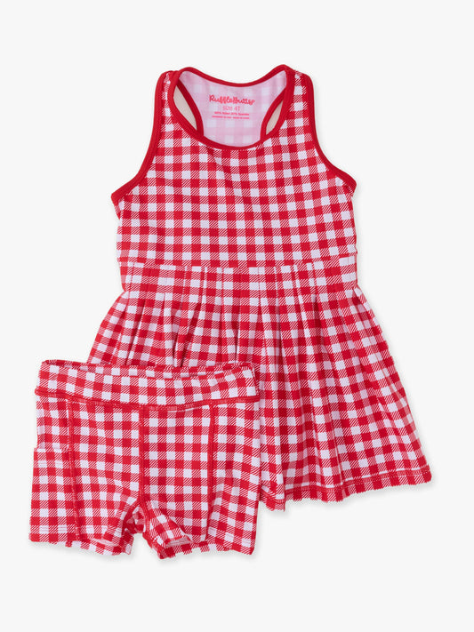 Girls Red Gingham Pleated Skirt Active Dress & Bike Short Set