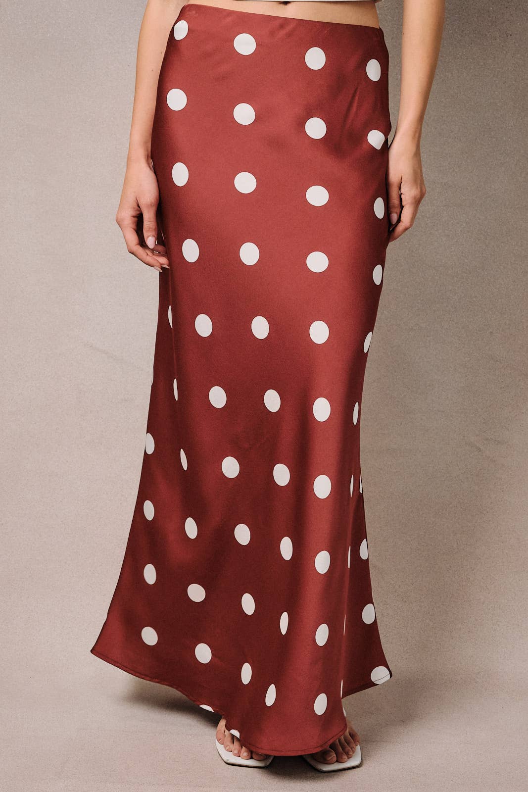 Polka Dot Satin Elastic Waist Midi Skirt