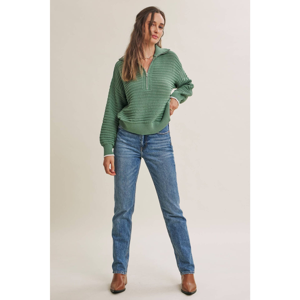 MOUNTAIN AIR CROCHET TEXTURE HALF-ZIP COTTON BLEND SWEATER