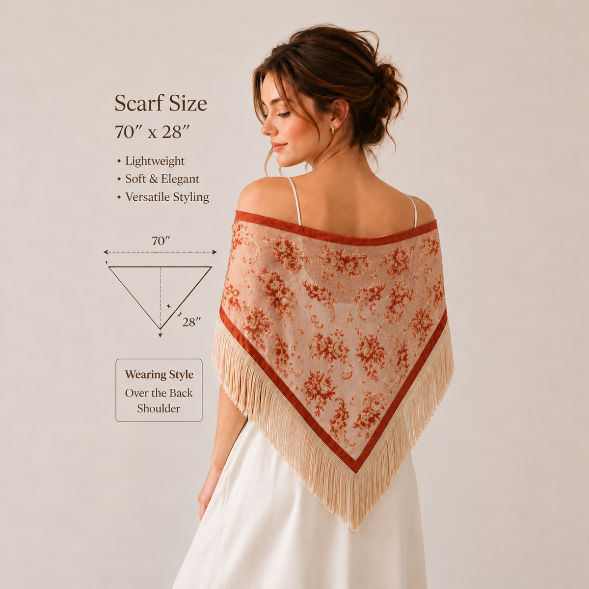 Vintage Sheer Floral Mesh Fringe Triangular Shawl | 40SC775