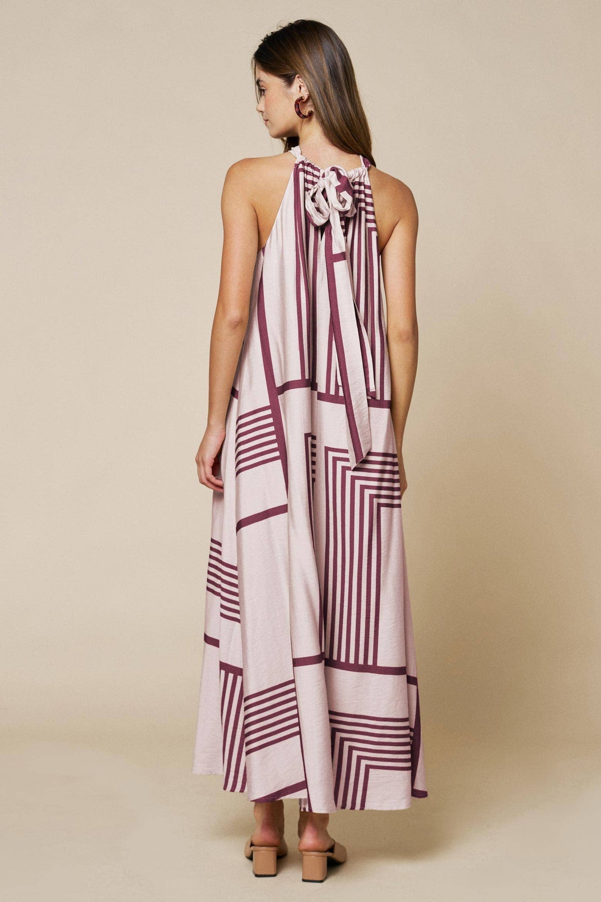 Geo Print Front Tie Keyhole Halter Maxi Dress