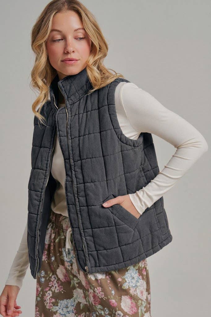 VINTAGE WASHED QUILTED PUFFER VEST STAND COLLAR_JLT00330-01