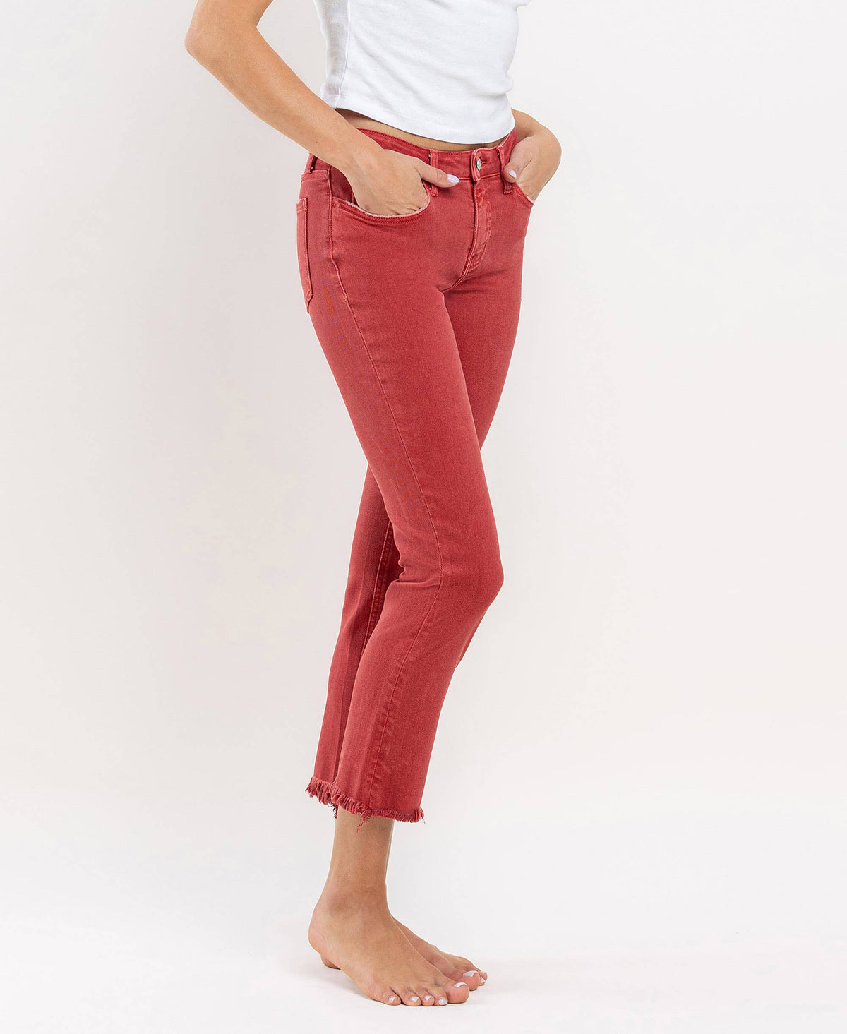 MID RISE FRAYED HEM CROP SLIM STRAIGHT JEANS V3500PRD