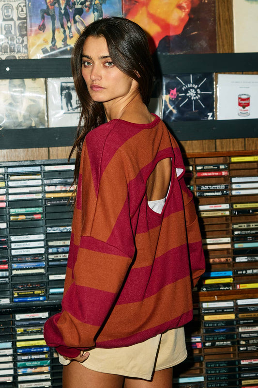 IT10015A | Cut-out Back Horizontal Stripe Sweatshirt