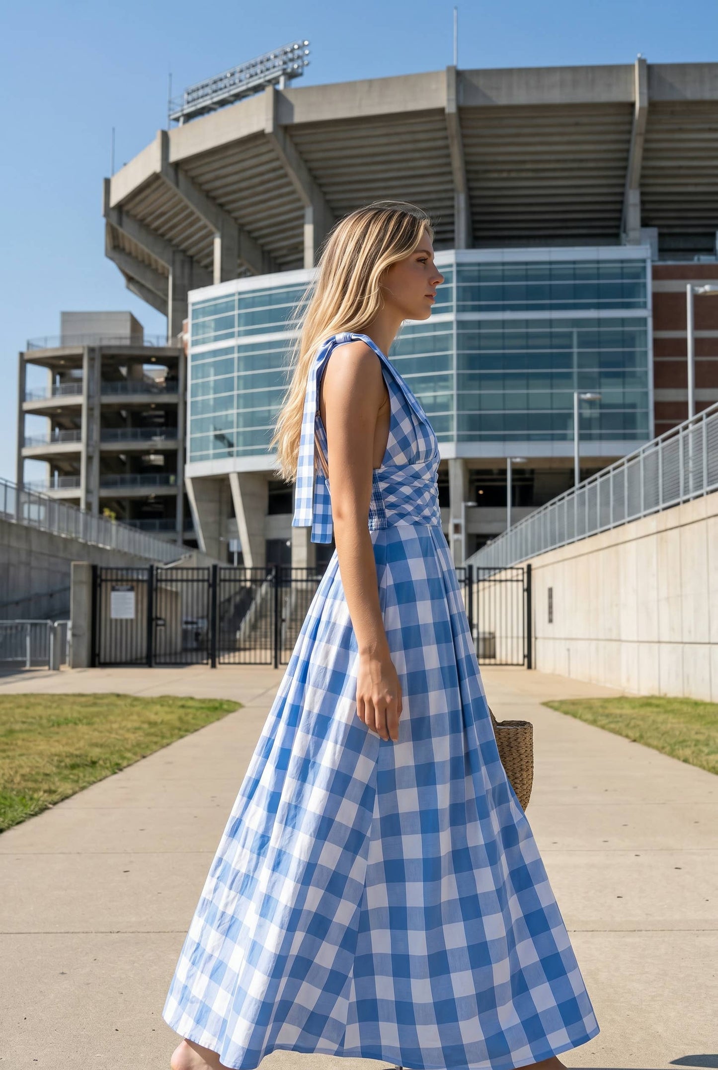Check Pattern Tie Shoulder Maxi Dress