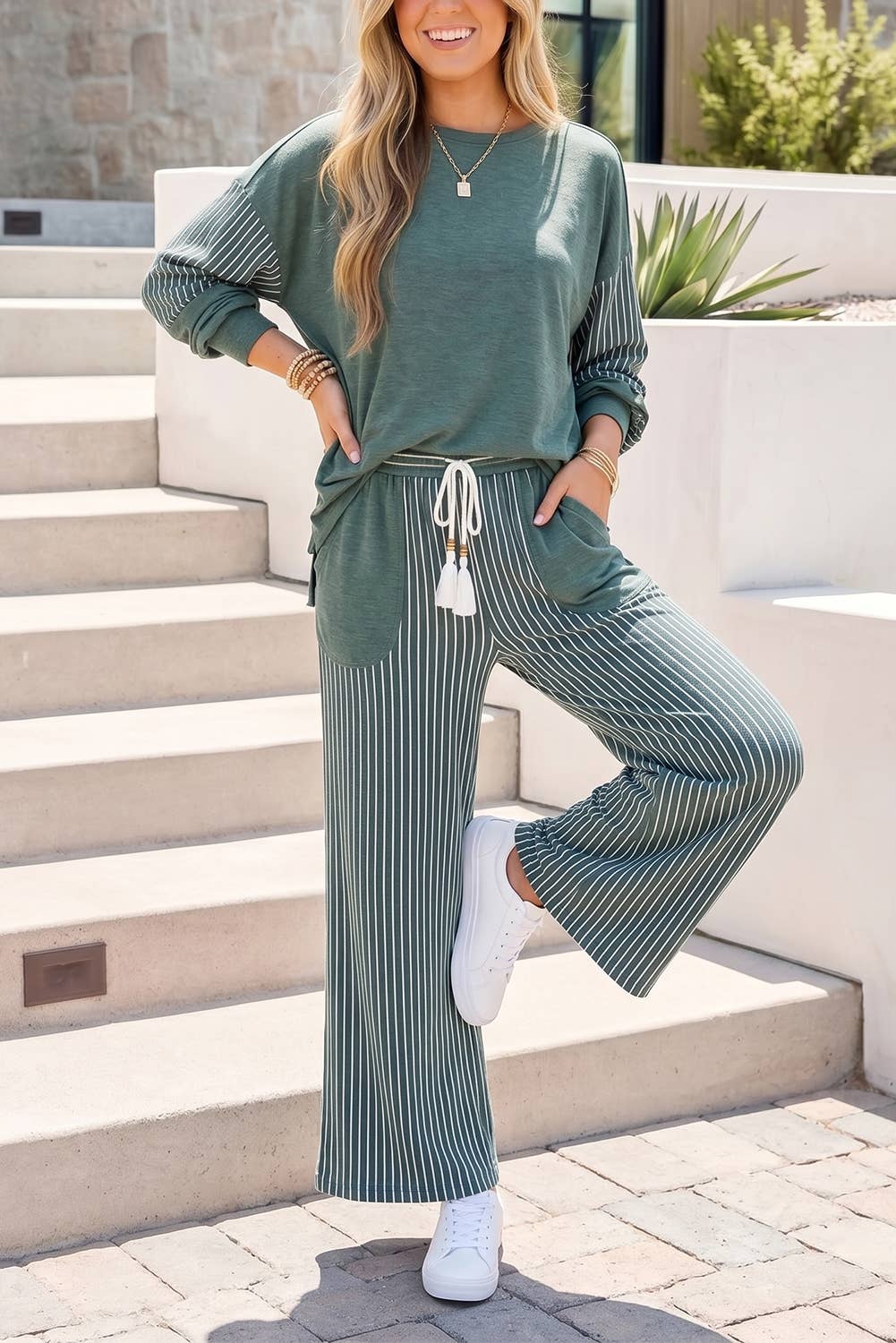 Stripe Patchwork Long Sleeve Top Pocket Pants 2pcs Set