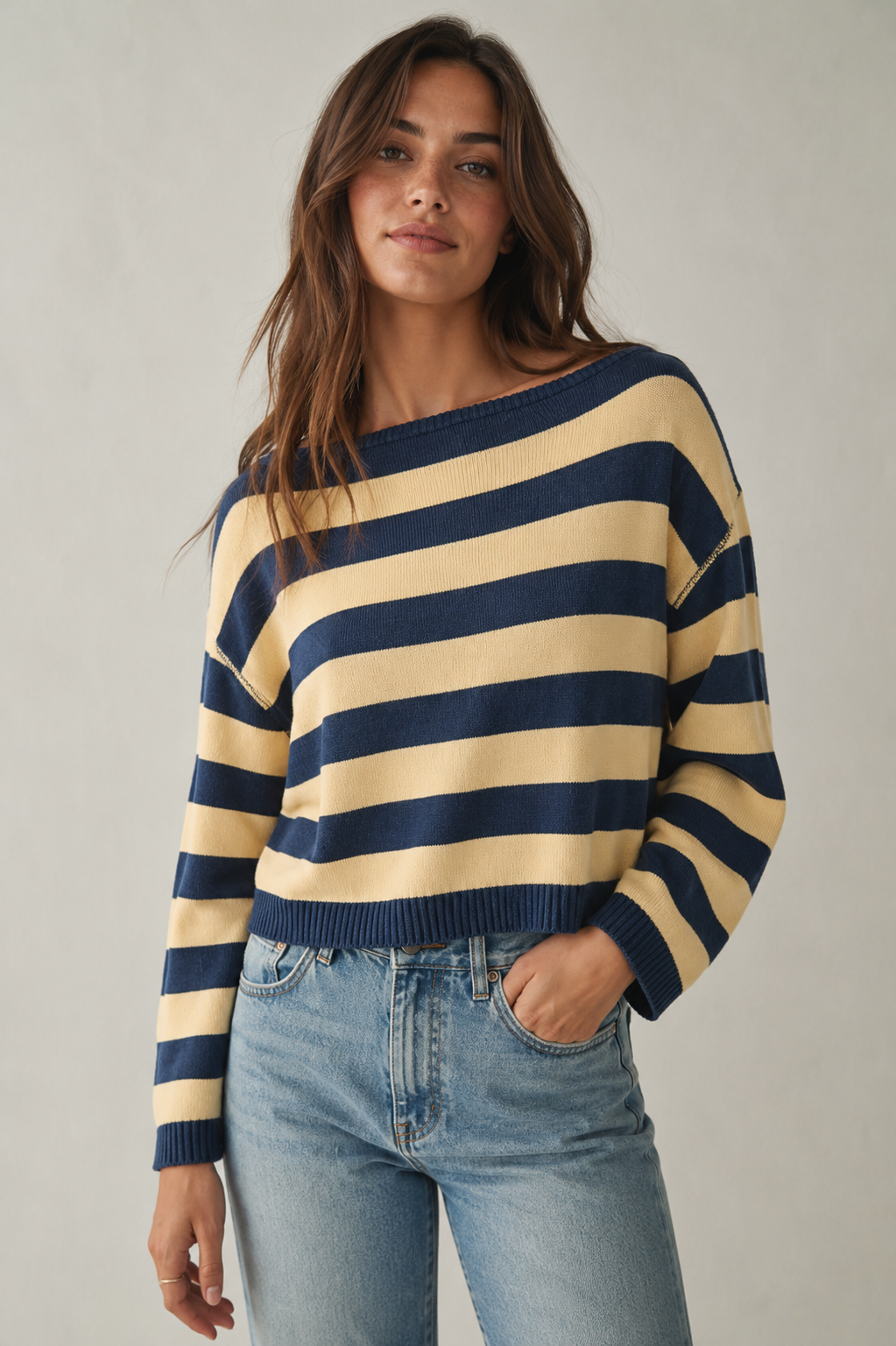 3251IK Boat Neck Yarn Dye Stripe Lightweight Sweater