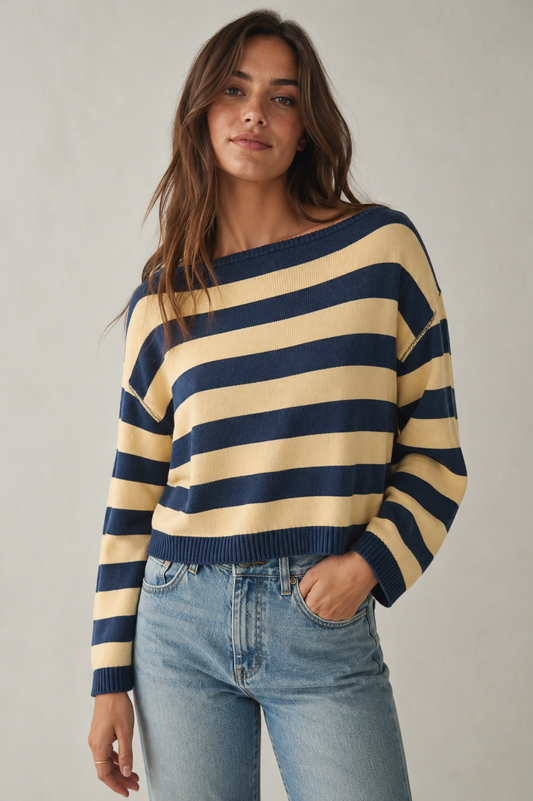 3251IK Boat Neck Yarn Dye Stripe Lightweight Sweater