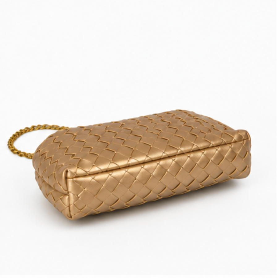 Golden Woven Vegan Leather Chain Shoulder Bag