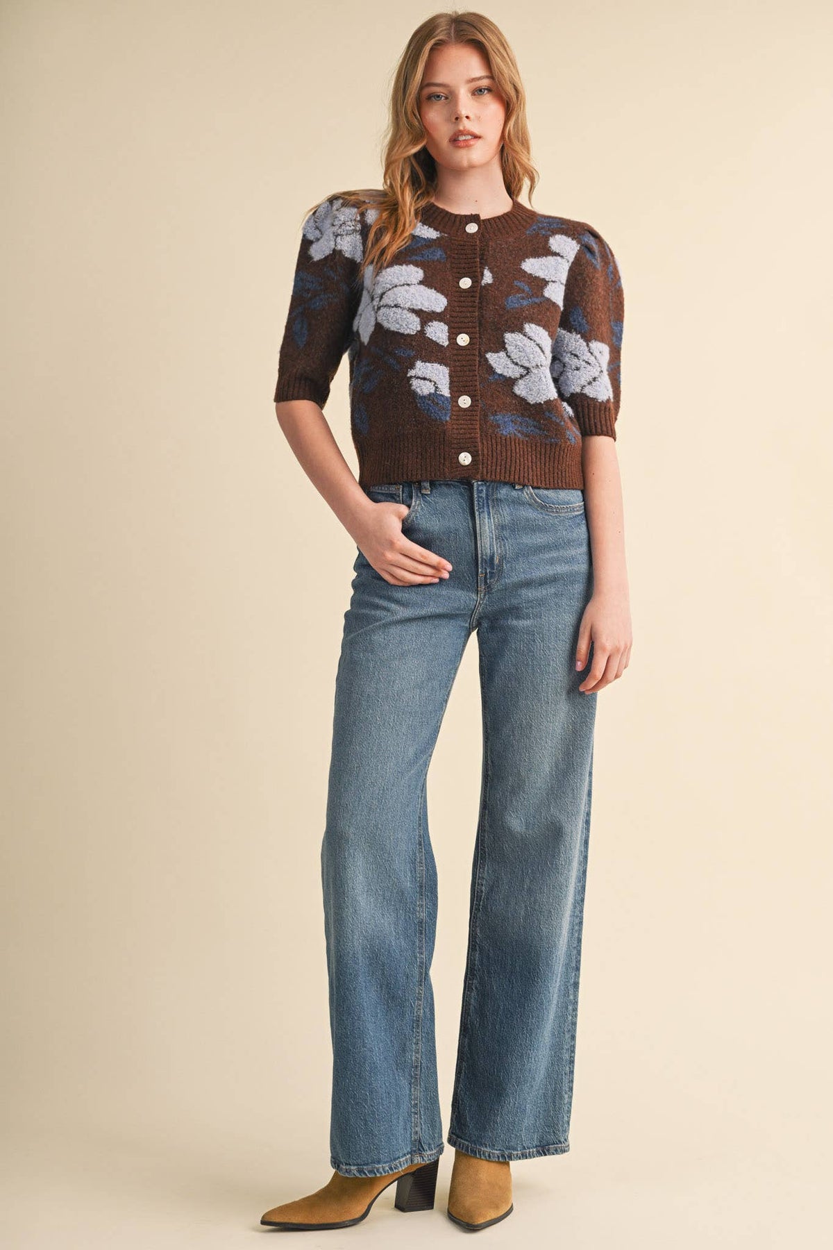 FLORAL KNIT SHORT PUFF SLEEVE SWEATER CARDIGAN MSW11393