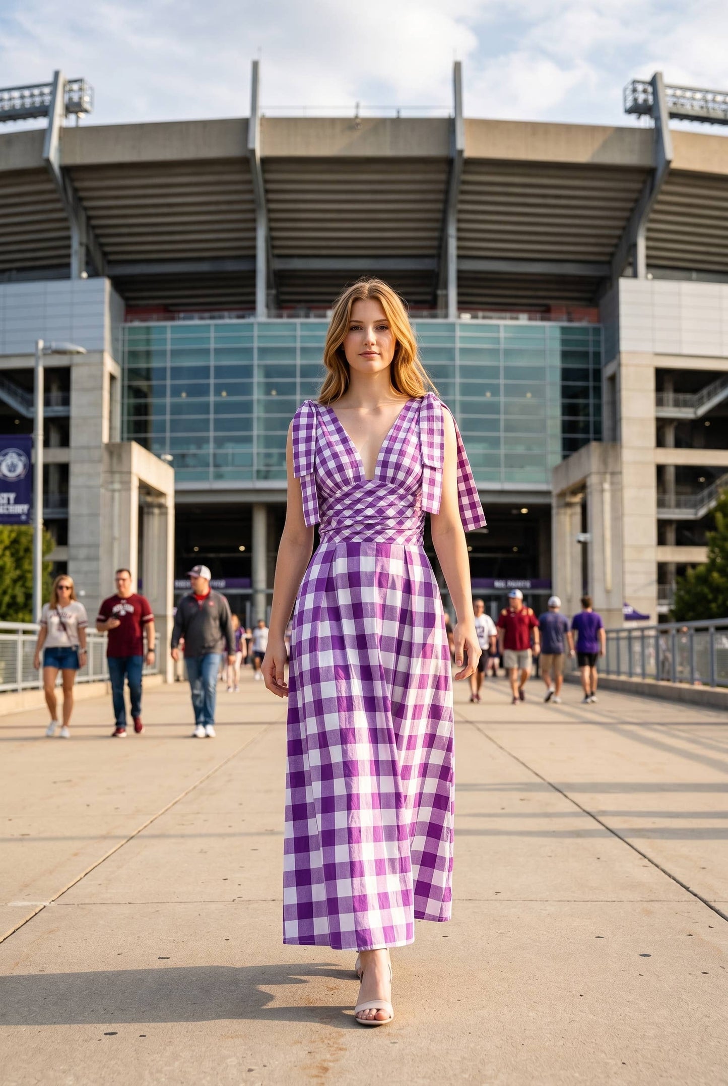 Check Pattern Tie Shoulder Maxi Dress